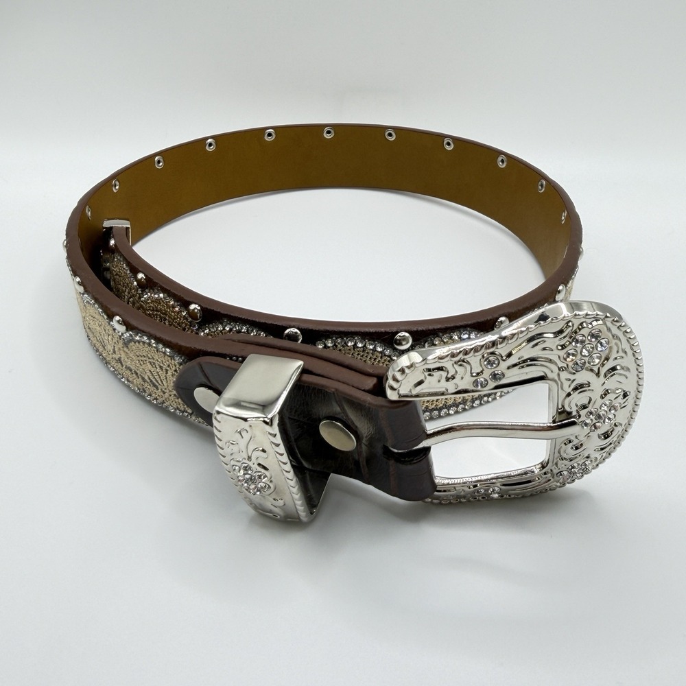 Girl's Small 24" Ranch Brown Lace, Crystal And Stud Genuine Leather Western Belt - Picture 2 of 10